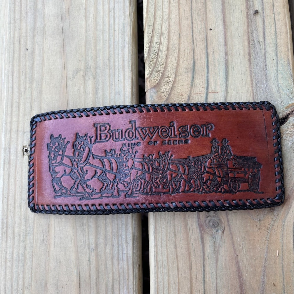 Vintage Leather Wallet Bifold Whipstitch Hand Tooled Budweiser Beer Genuine